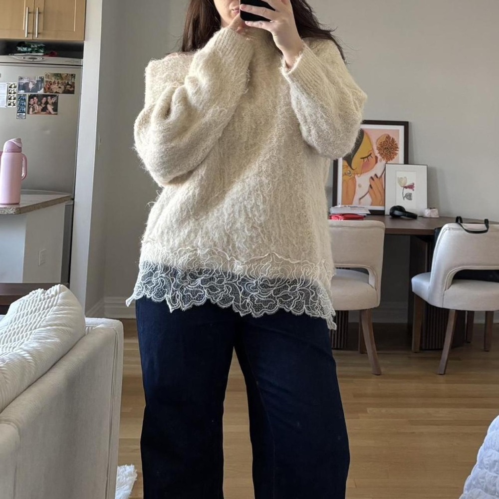 Zara Cream Lace-Trim Fluffy Crewneck Sweater